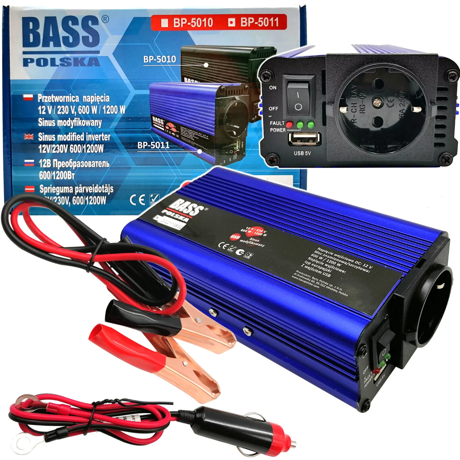 PRZETWORNICA 12V 230V 600/1200W niebieska